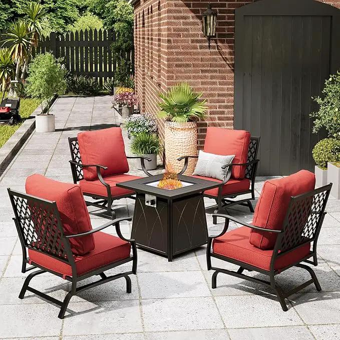 Patio Furniture Set with Fire Pit Table, 5 Pcs Metal Outdoor Conversation Set, 4 Rocking Chairs with 5.75" Extra Thick Cushion and 28" Fire Pit Table for Backyard Deck, Red by GreenHaven Gardens