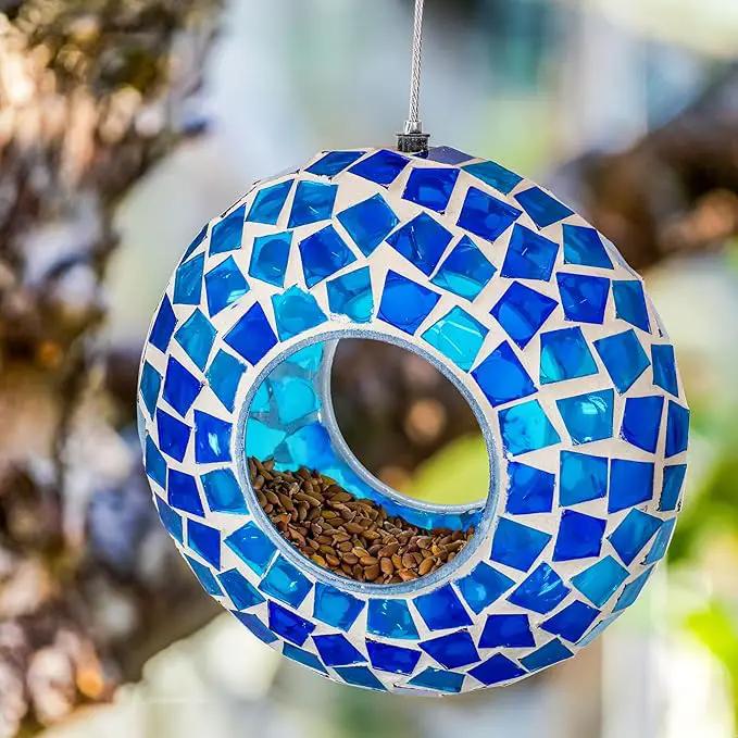 Sunnydaze 6-Inch Glass Mosaic Hanging Bird Feeder for Outdoors - Fly-Through Wild Bird Feeder - Blue Mosaic by GreenHaven Gardens