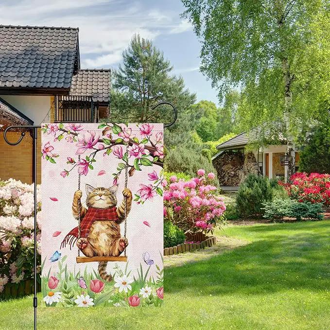 Heyfibro Spring Cute Cat Welcome Garden Flag 12x18 Inch Double Sided Burlap Butterfly Floral Yard Flag for Seasonal Holiday Farmhouse Outdoor Decor(ONLY FLAG) by GreenHaven Gardens