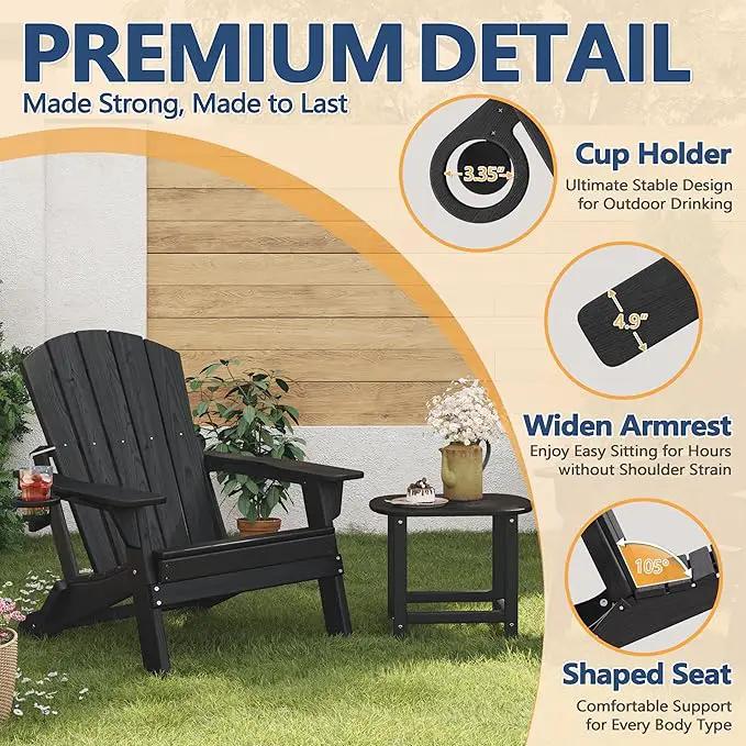 Folding Adirondack Chair Set of 3 with Cup Holder, HDPE All Weather Resistant Plastic Outdoor Patio Chairs, Heavy Duty Fire Pit Seating for Backyard Lawn Garden, Wooden Textured Design(Black) by GreenHaven Gardens