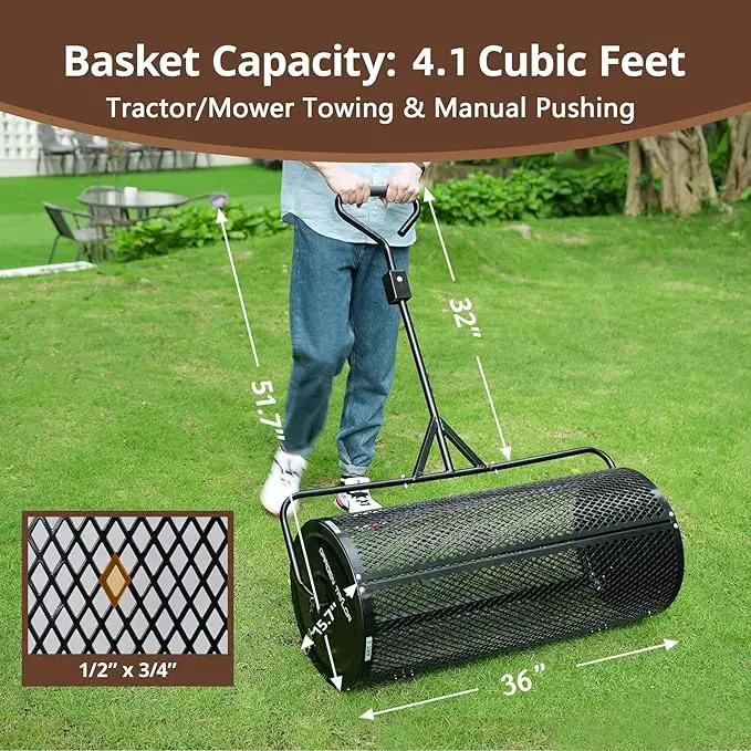 Compost Spreader 36 Inch Towable Peat Moss Spreader with Installation Support Accessories, Metal Mesh Roller Lawn Spreader for Top Soil, Manure, Mulch, Top Dressing - Garden spreaders for lawns by GreenHaven Gardens