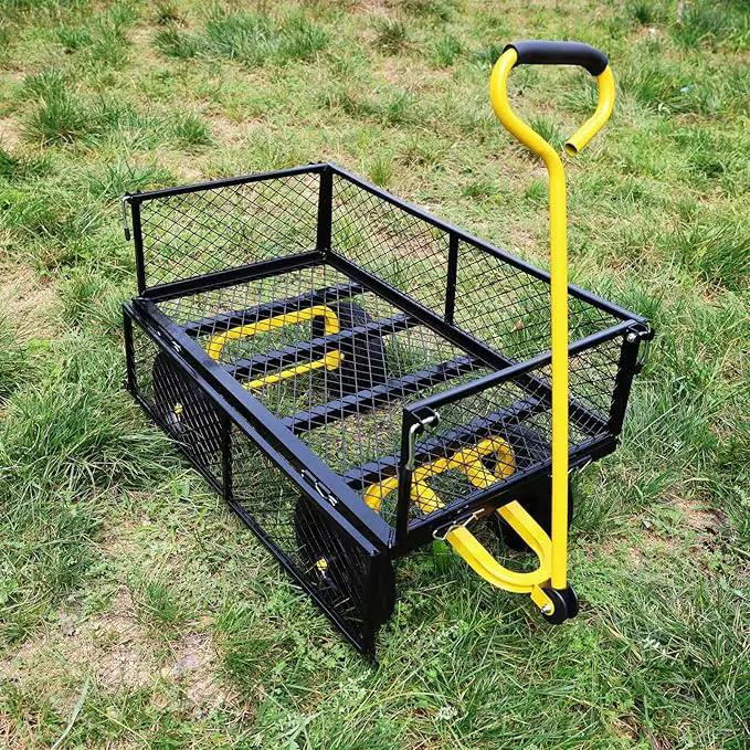 Heavy Duty 480 Lbs Capacity Mesh Steel Garden Cart Folding Utility Wagon with Removable Sides (Black+Yellow) by GreenHaven Gardens