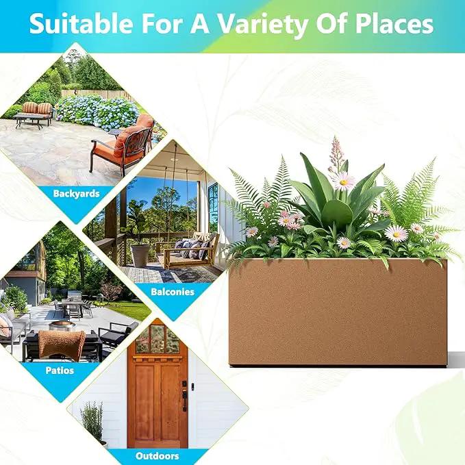 FENCY Metal Rectangular Planter Box, Large Planters for Outdoor Plants, Tall Planters for Outdoor Plants with Drainage Holes (32" L x 10" W x 16.3" H,Brown) by GreenHaven Gardens