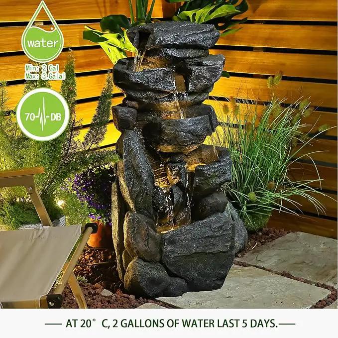 Water Features Outdoor Patio 6-Tier Cascading Rock Water Fountain 31.5''Water Fall Fountain Outside Resin Fountain with Light Mossy Rock Floor Garden Fountain Indoor for Relaxation Home Decor by GreenHaven Gardens