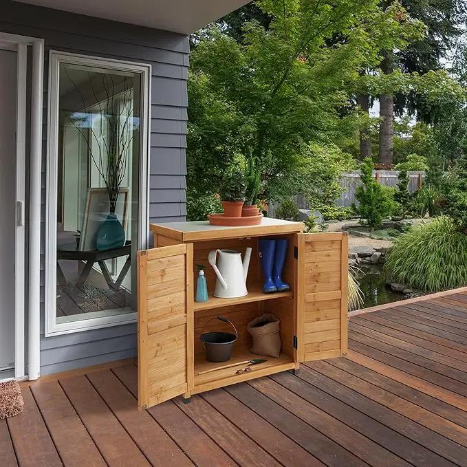 Casafield Outdoor Garden Potting Bench with Metal Tabletop and Storage Cabinet - Wooden Outdoor Garden Patio Workstation Table, Natural by GreenHaven Gardens