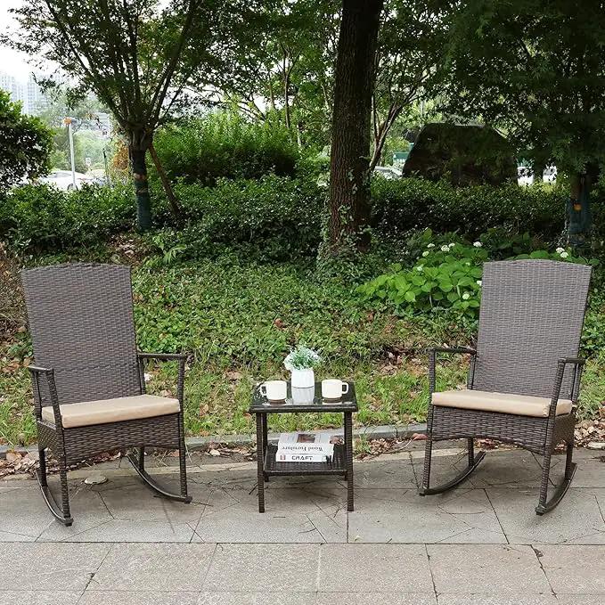 Outdoor Rocking Chair 3 Pieces High-Backed Rocking Chair Outdoor Patio Rocking Chairs Outdoor Table, Khaki by GreenHaven Gardens