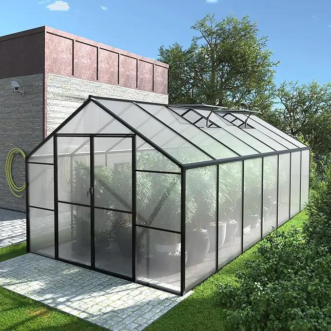 8x14 FT Green House for Outdoor, Polycarbonate Aluminum Walk-in Greenhouse Kit with Lockable Door and Adjustable Roof Vents, Backyard Garden in Winter, Gray by GreenHaven Gardens