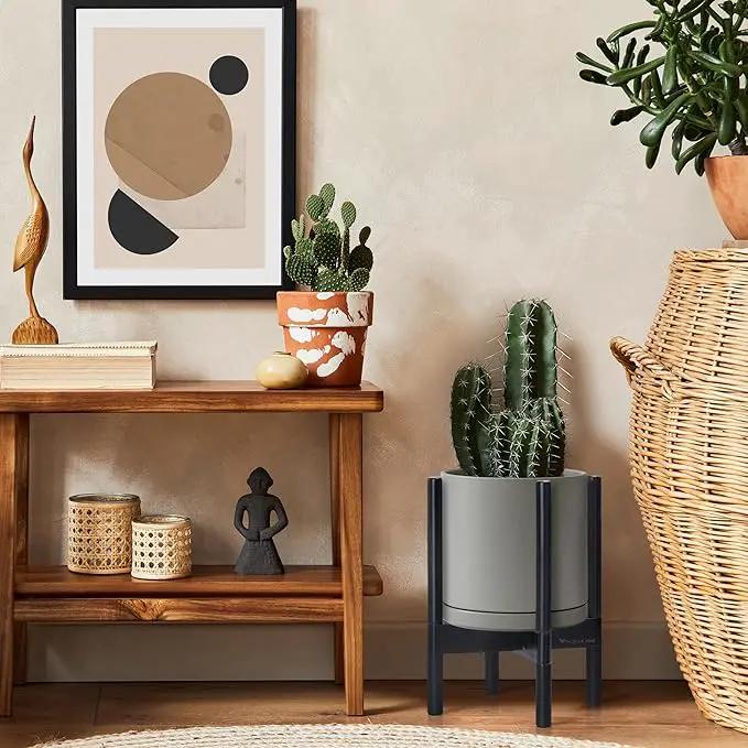 D'vine Dev Ceramic Planter with Ebony Stand - 10 Inch Modern Round Flower Pot with Wood Planter Holder, Grey, 55-B-L-3