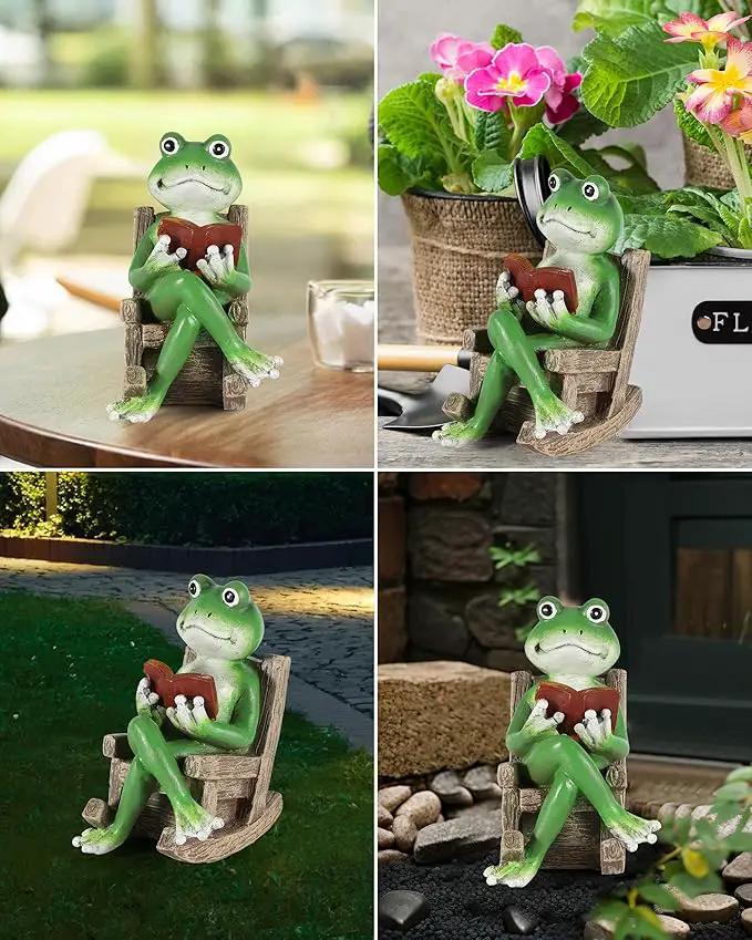 iStatue Miniature Solar Frog Reading Book Figurine Light - 5.5'' Resin Chair Statue Outdoor Table Decor for Lawn Ornaments, Patio, Yard & Garden and Home by GreenHaven Gardens