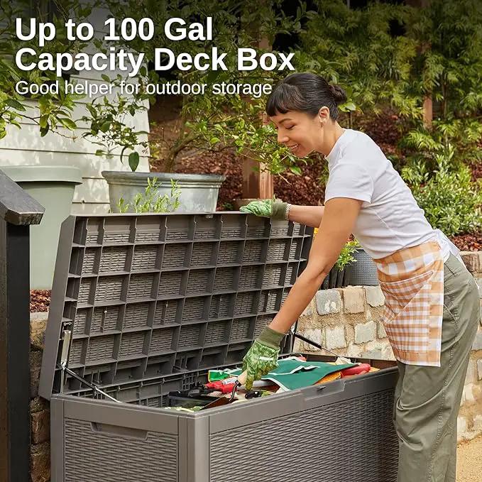 EAST OAK Outdoor Storage Box, 100 Gallon Deck Box, Waterproof Resin Storage Bench for Patio Cushions, Gardening Tools, Pool Accessories, Lockable, UV Resistant, Grey by GreenHaven Gardens
