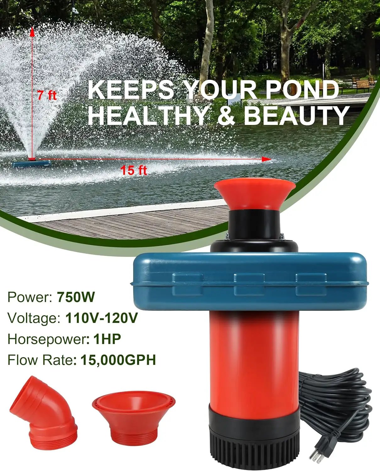 Pond Fountain Aerator 1HP, AS1 750W 15000GPH 110V 120V High Flow Floating Water Fountain Pump With 100ft Power Cord, Thickened Body Aerating Fountains Cascade for Large Small Pond/Lake (No Timer) by GreenHaven Gardens