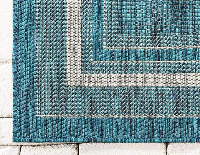 Unique Loom Outdoor Border Collection Area Rug - Soft Border (8'x 11' 4" Rectangle, Teal/ Ivory) by GreenHaven Gardens