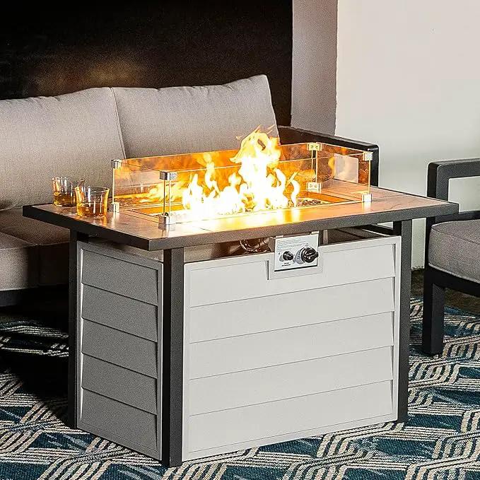Nuu Garden 43'' Patio Propane Fire Pit Table, 50,000 BTU Gas Fire Pit with Marble-Textured Glass Top, Wind Guard, Lid, Glass Beads, CSA-Certified, 2-in-1 Outdoor Table for Gatherings, Ivory White by GreenHaven Gardens