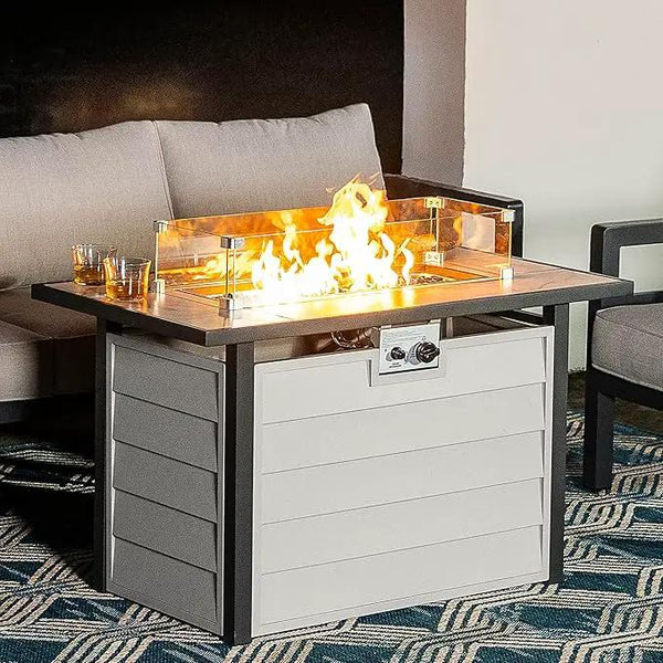 Nuu Garden 43'' Patio Propane Fire Pit Table, 50,000 BTU Gas Fire Pit with Marble-Textured Glass Top, Wind Guard, Lid, Glass Beads, CSA-Certified, 2-in-1 Outdoor Table for Gatherings, Ivory White