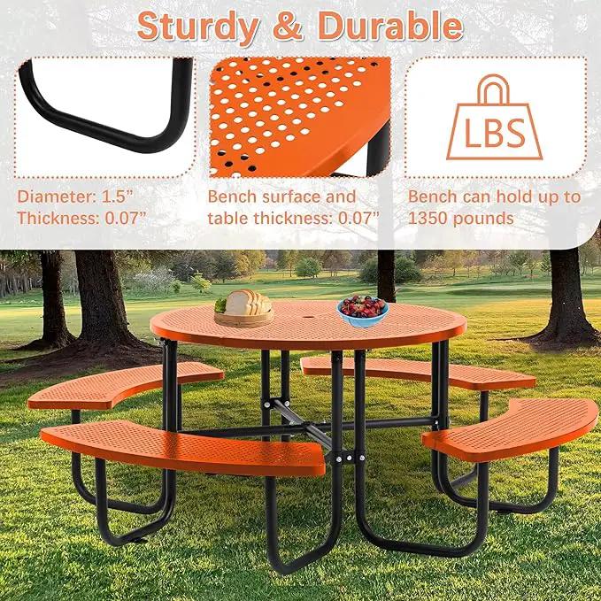 46'' Steel Round Picnic Table for Outdoors, Expanded, Lifetime Picnic Table with Umbrella Hole, Heavy Duty Sturdy Commercial Picnic Tables for Garden Courtyard BBQ, Orange by GreenHaven Gardens