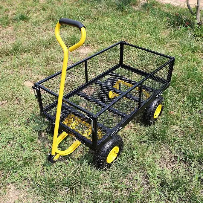 Steel Garden Cart 400 lbs Capacity with Removable Steel Mesh Sides to Convert into Flatbed, Utility Metal Wagon 180°Rotating Handle Multi-Purpose by GreenHaven Gardens