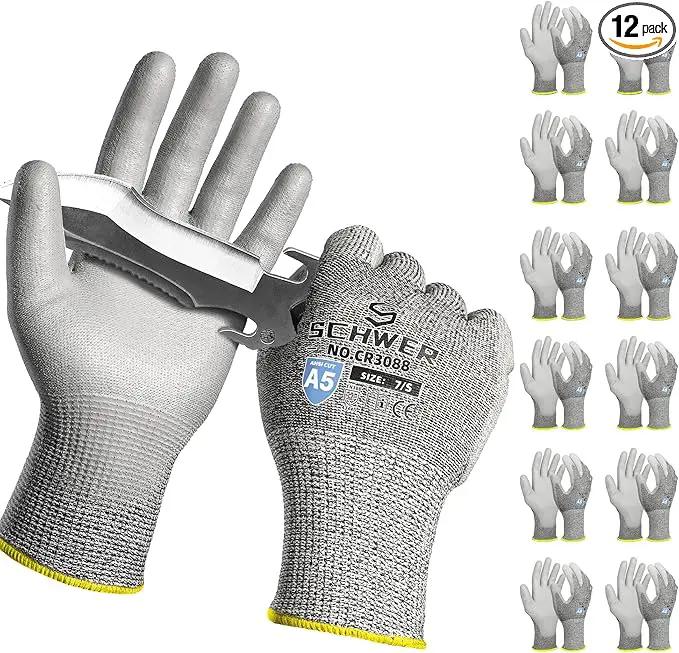 12 Pairs ANSI A5 Cut Resistant Work Gloves, Cut Proof Gloves with PU Coating, Used for Metal Fabrication, WoodWorking, Construction, Non Slip, Durable, S, CR3088 by GreenHaven Gardens