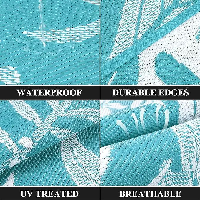 Pauwer Waterproof Outdoor Rug 8x10, Reversible Plastic Straw Patio Camping Rug, Indoor Outdoor RV Mat Carpet for Deck, Camper, Porch, Balcony, Backyard, Picnic, Floral Teal by GreenHaven Gardens