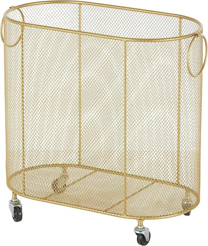 Deco 79 Metal Storage Cart Oval Mesh Wire Rolling Laundry with Ring Handles, 21" x 12" x 21", Gold by GreenHaven Gardens