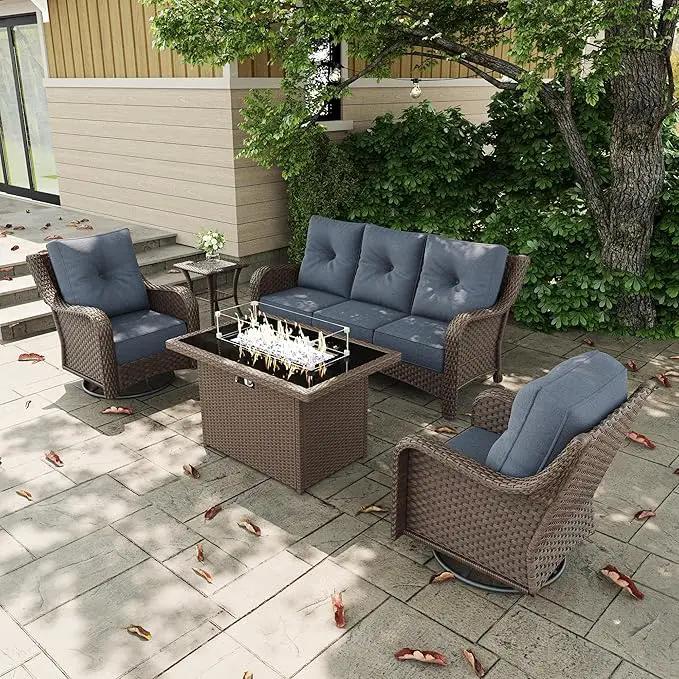 5 Pieces Outdoor Patio Furniture Sets with Rocking Swivel Chairs with 6-inch Thick Cushion and Fire Pit Table for Deck Lawn by GreenHaven Gardens