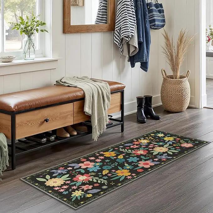 GENIMO Indoor Outdoor Area Rug 2' X 5' Waterproof, Washable Runner Rug Non Shedding, Easy Cleaning Floral Outdoor Carpet for Patio, Living Room, Bedroom, Entryway, Porch, Dining Room, Black by GreenHaven Gardens