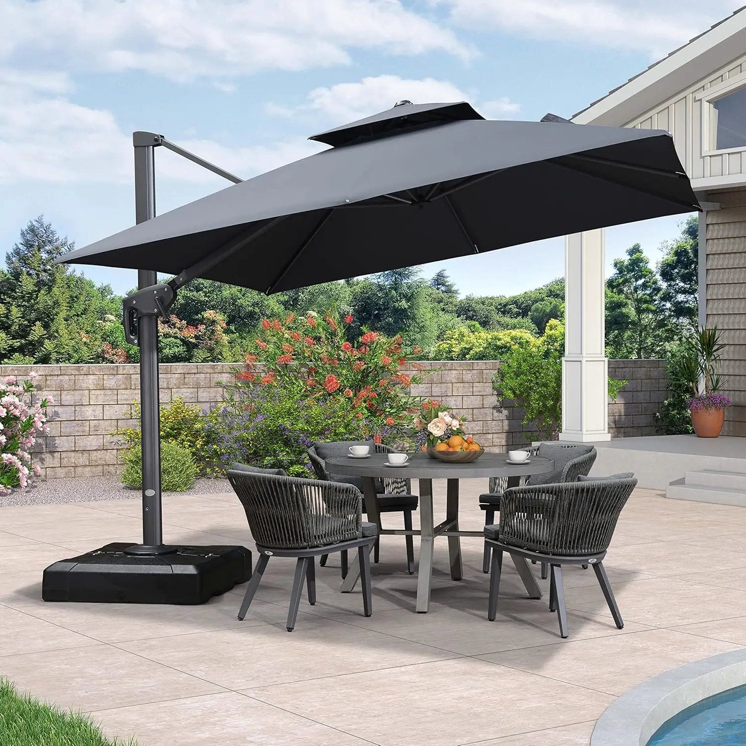 PURPLE LEAF 10ft Patio Umbrella with Base Large Outdoor Square Umbrella Deluxe Hanging Double Top Cantilever Offset Market Umbrella Windproof Garden Umbrella Grey by GreenHaven Gardens