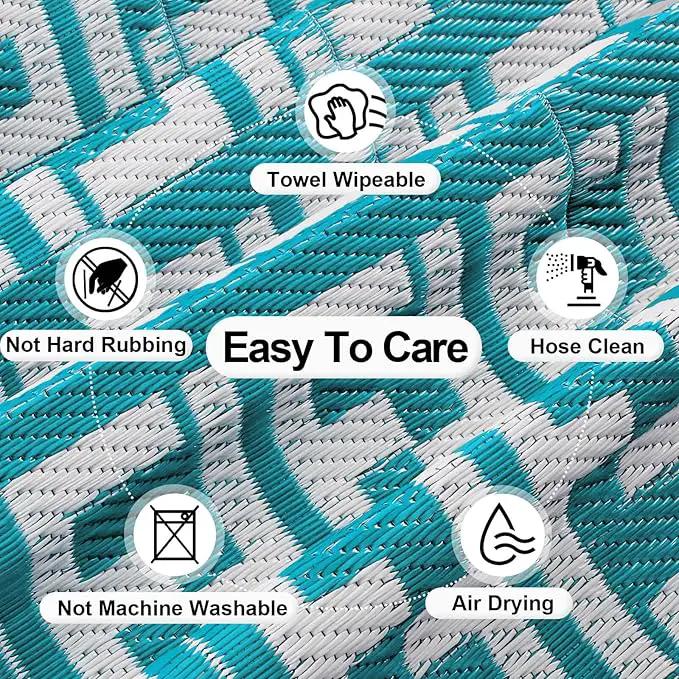 OutdoorLines Outdoor Plastic Area Rugs for Patio 5x8 ft - Reversible Outside Carpet, Stain & UV Resistant RV Mats, Straw Rug for Camping, Deck Garden, Porch and Balcony, Geometry Teal & Light Grey by GreenHaven Gardens