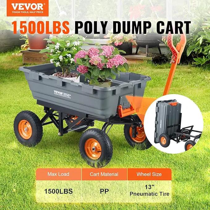 VEVOR 1500lbs Poly Garden Dump Cart Wheelbarrow Wagon with 2 in 1 Convertible Handle, Heavy Duty Yard Cart Wagon for with 13in All Terrain Wheels, Dump Trailer Tow Behind for Lawn Mower Tractor by GreenHaven Gardens