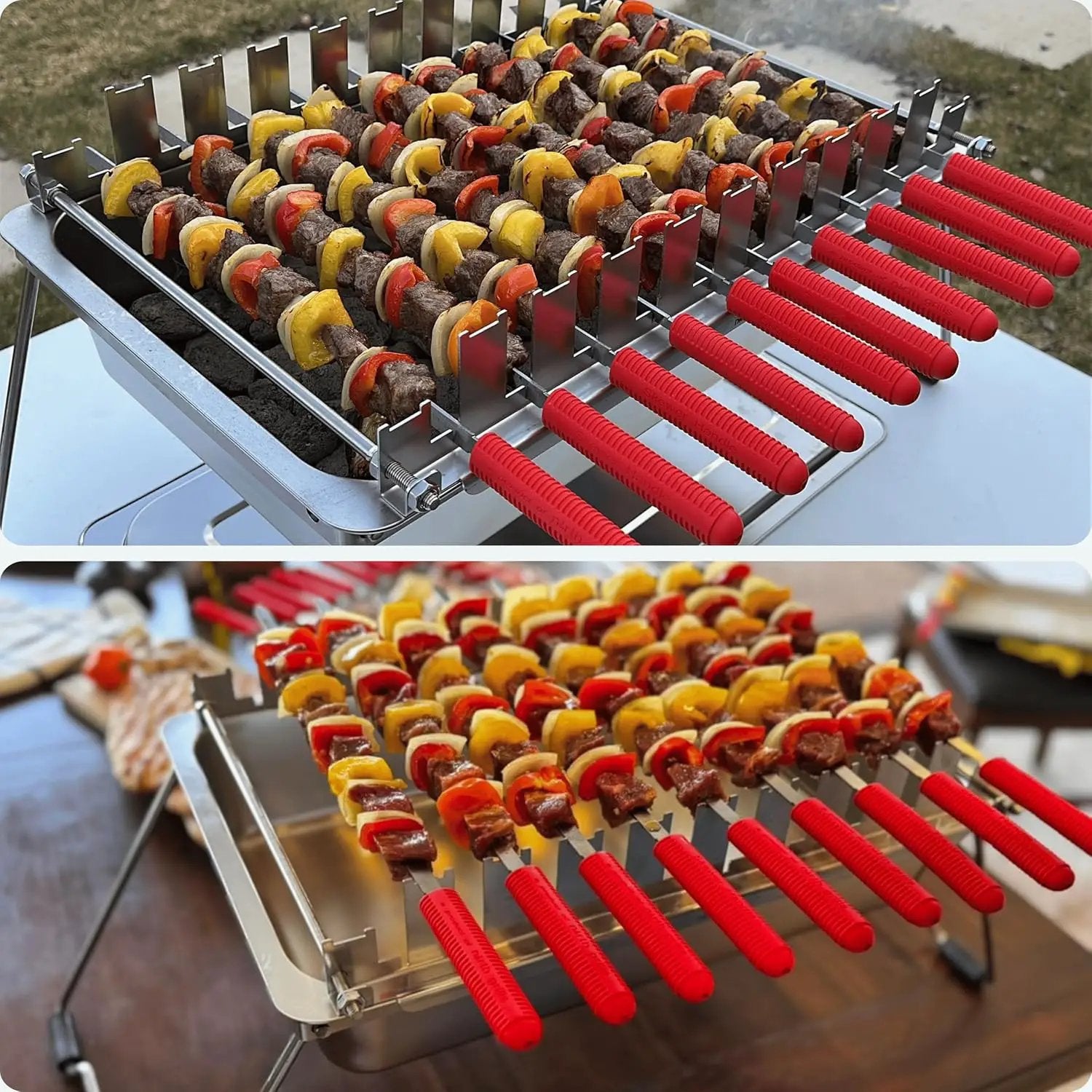 𝗖𝗵𝗮𝗿𝗰𝗼𝗮𝗹 𝗞𝗮𝗯𝗼𝗯 𝗚𝗿𝗶𝗹𝗹 by 𝗡𝗼𝗿𝘁𝗵 𝗚𝗿𝗶𝗹𝗹𝘀: precise heat control, silicone-handle square & flat skewers, charcoal starter tool, tongs, BBQ gloves, and storage & travel bags. by GreenHaven Gardens