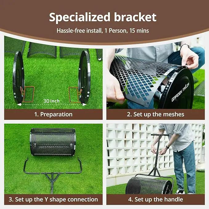 Compost Spreader 30 Inch Peat Moss Spreader with Installation Support Accessories, Metal Mesh Roller Lawn Spreader for Top Soil, Manure, Mulch, Top Dressing - Garden spreaders for lawns by GreenHaven Gardens