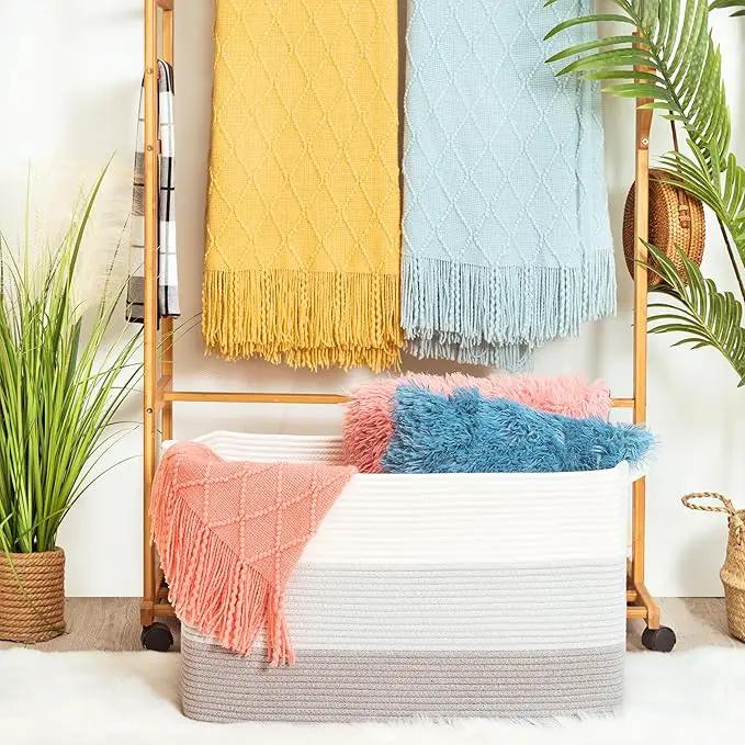 MINTWOOD Design 22in Extra Large Blanket Basket Holder Living Room, Rectangle Rope Woven Storage Basket with Handles for Laundry, Pool Towels, and Shoes, Dog Toy Organizer Bin Box, 3-Tone Light Gray by GreenHaven Gardens