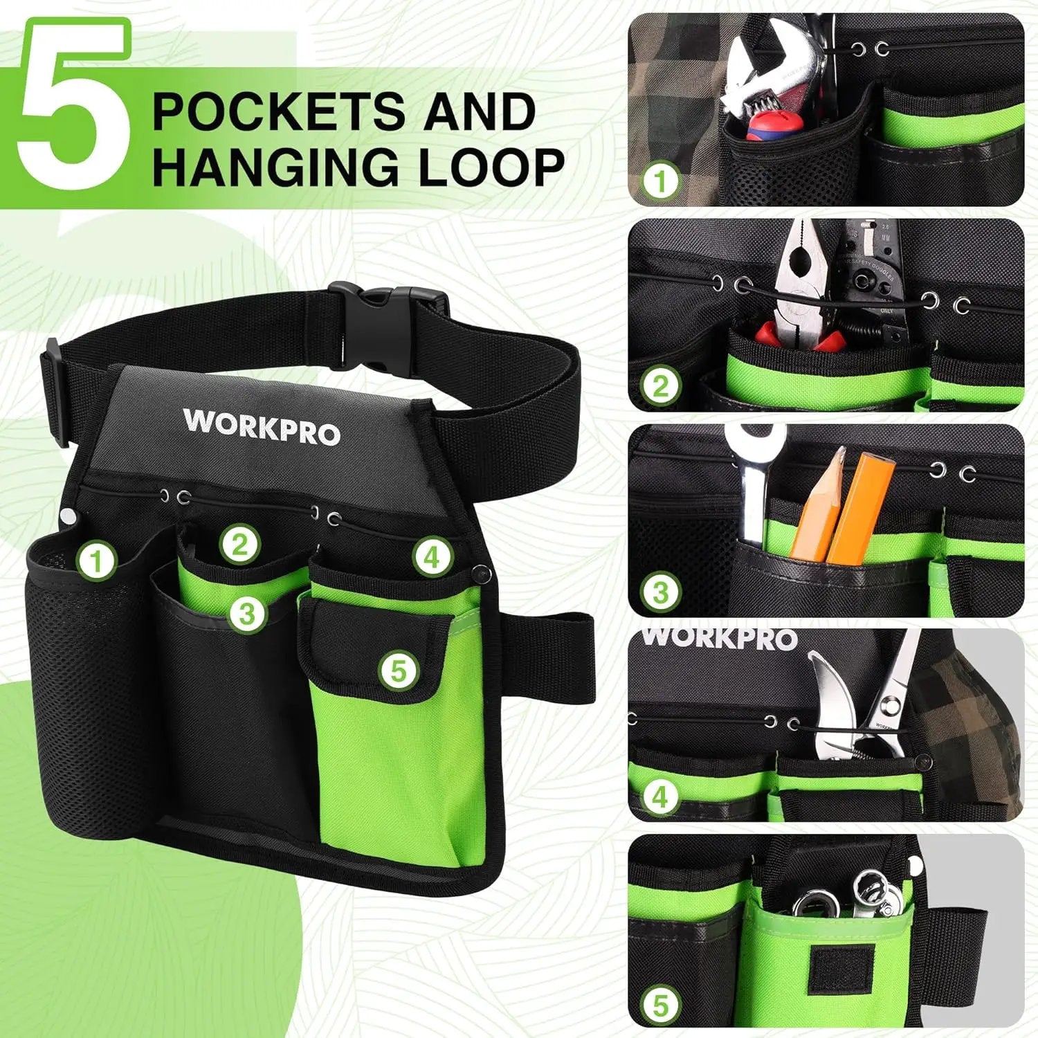 WORKPRO Garden Tool Belt, 5-Pocket Single Side Gardening Tool Pouch with Adjustable Waist Strap, Utility Garden Waist Bag for Women, Ideal for Gardening, Carpentry, and DIY Projects by GreenHaven Gardens