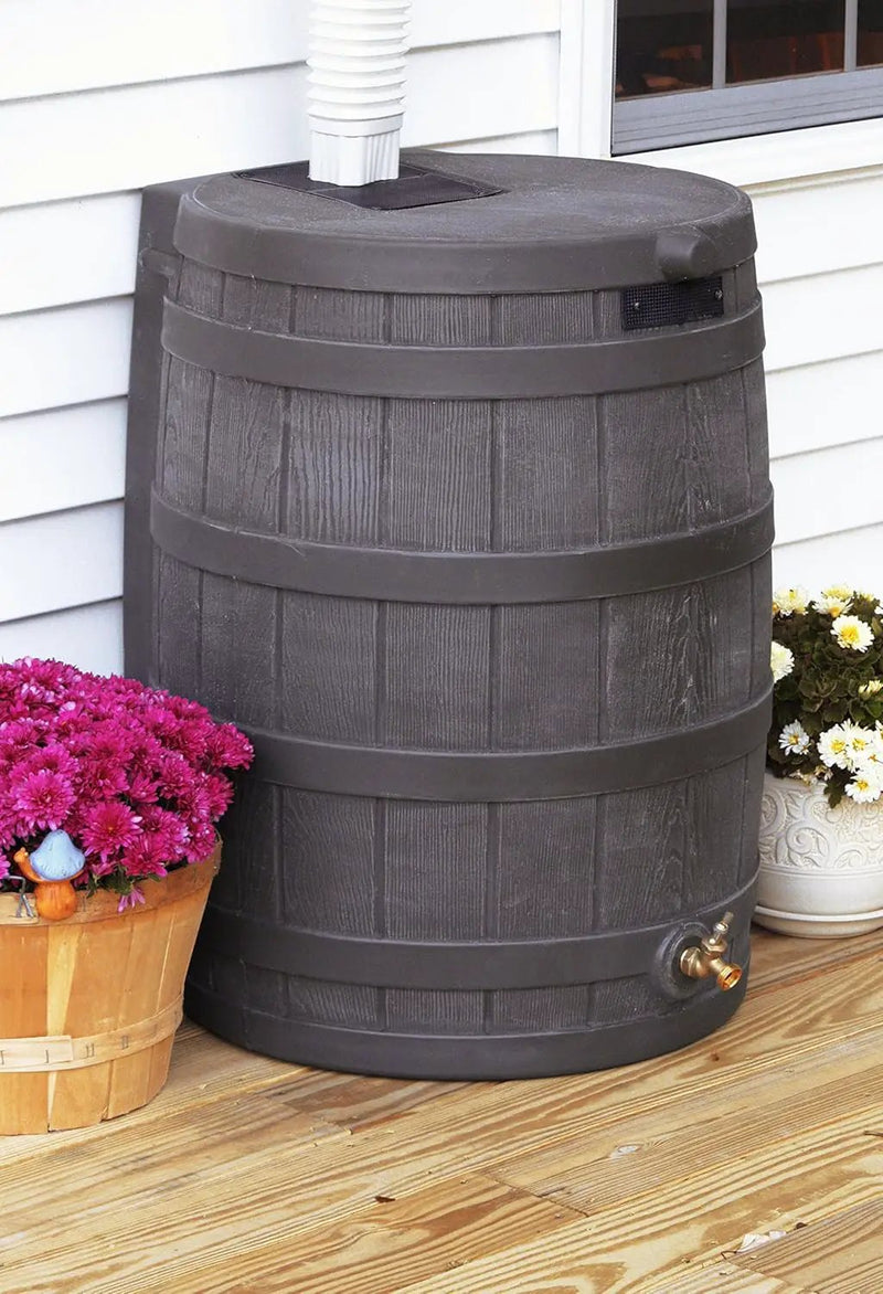 Good Ideas Rain Wizard Water Collection Plastic Barrel, Oak, 50 Gallon - Linkable Flat-Back Faux Wood Rainwater Catcher Storage Drum w/ Robust Metal Spigot & Fine Mesh Screen by GreenHaven Gardens