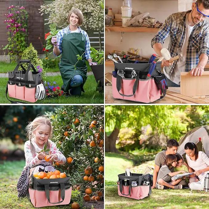 WORKPRO Garden Tool Bag, Heavy Duty Gardening Tote Bag Organizer with 10 Pockets and Long Adjustable Shoulder Strap, Standable Garden Home Tool Kits Organizer, Pink by GreenHaven Gardens