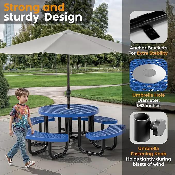 Metal Picnic Tables for Kids for Outdoors with Umbrella Hole - Coated Steel Heavy Duty Commercial Grade Table with Adjustable Seats (Blue, 38 in, Kids, Expanded Steel) by GreenHaven Gardens