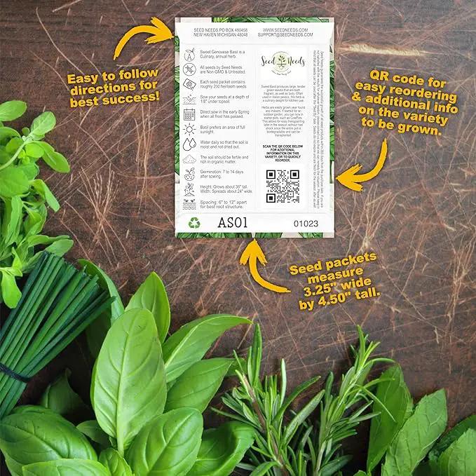 Seed Needs Herb Seeds Variety Pack Culinary Herb Collection (12 Individual Packets for Planting Indoors or Outdoors) Grow Your Own Herb Garden - Heirloom, Non-GMO by GreenHaven Gardens
