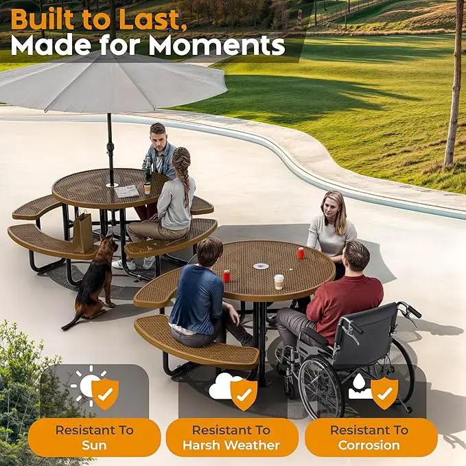 Metal Picnic Tables for Outdoors with Umbrella Hole - Coated Steel Heavy Duty Commercial Grade Table with Adjustable Seats (Brown, 46 in, Round, Expanded Steel) by GreenHaven Gardens