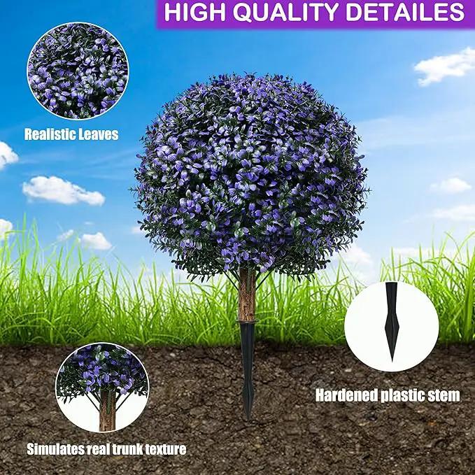 Set of 2 Artificial Boxwood Topiary Ball Trees Outdoor Faux Shrubs Artificial Boxwood Plants with Ground Spike, 24" Lavender Fake Evergreen Tree UV Resistant for Planter,Potted,Fall by GreenHaven Gardens