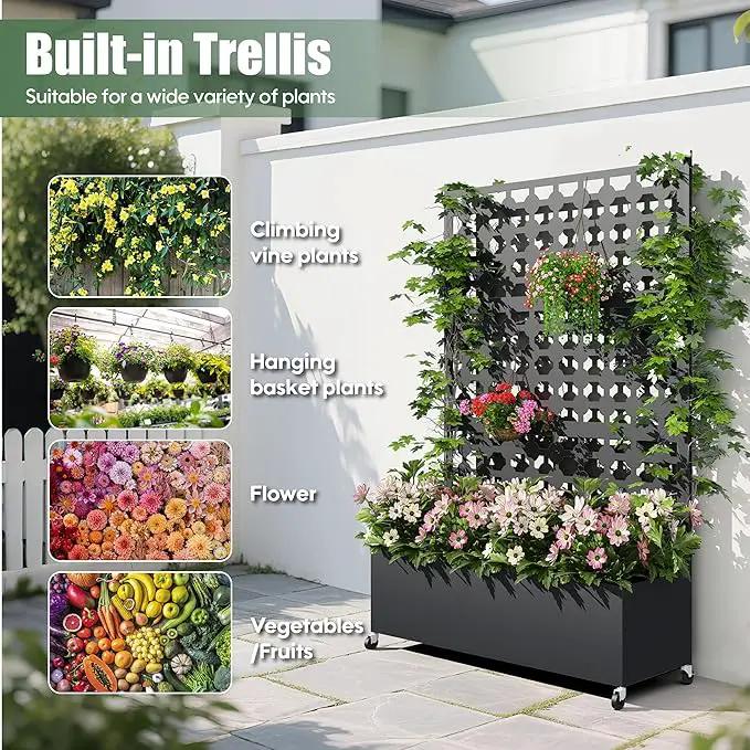 Metal Planter Box with Trellis Privacy Screen, Raised Garden Bed with Dots Trellis & Wheels, Privacy Planters for Patio, Planter Box for Climbing Plants, Flower, 73"x 47"x 16", Black by GreenHaven Gardens