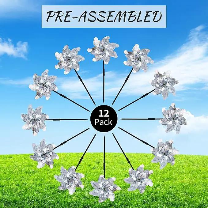 BATTIFE 12 Pack Pre-Assemble Sparkly Reflective Pinwheels | Silver Bird Blindness Pin Wheel | Scare Birds & Animals Away | Wind Spinner for Yard and Garden by GreenHaven Gardens