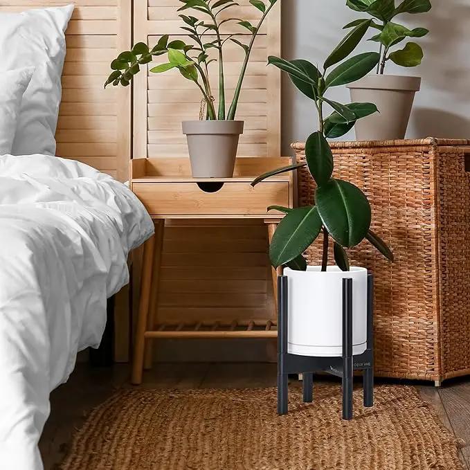 D'vine Dev Ceramic Planter with Ebony Stand - 8 Inch Modern Round Flower Pot with Wood Planter Holder, White, 55-B-M-1 by GreenHaven Gardens