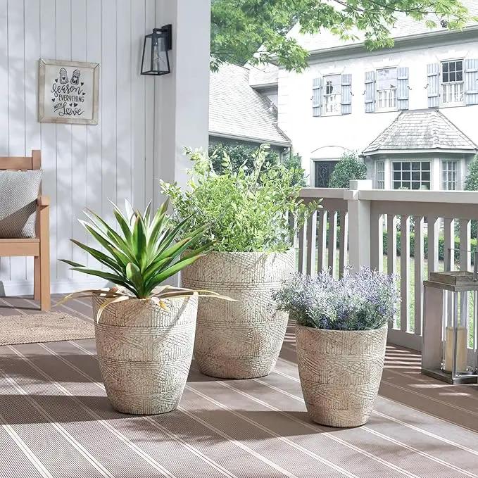17.7"+13.8"+9.8" Dia Round Concrete Planter Set of 3, Large Indoor Outdoor Planter, Flower Pots with Drainage Holes and Sealing Plug for Garden, Patio, Home, Office Weathered Concrete Gray by GreenHaven Gardens