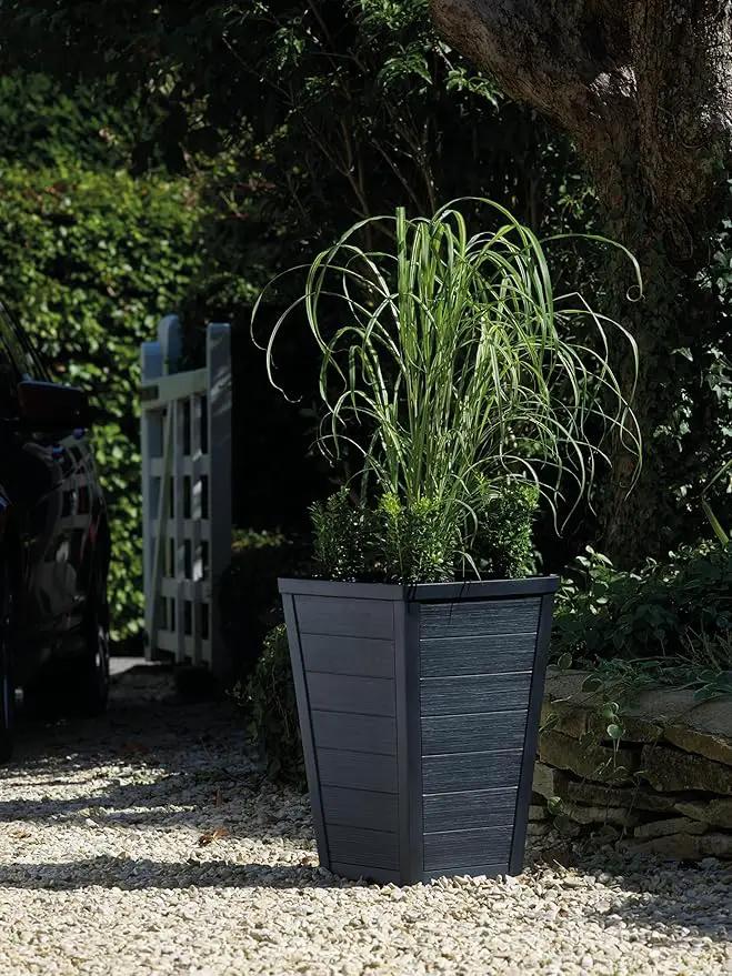 Keter Set of 2 Resin Modern Outdoor 22 Inch Tall Large Flower Pots, Tapered Wood Look Planters for Outdoor Plants and Front Porch Decor, Graphite by GreenHaven Gardens
