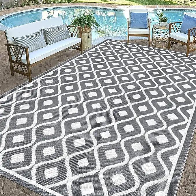 Pauwer Reversible Outdoor Rug, 9'x12', Waterproof, Polypropylene, Moroccan Grey, Area Rug for Patio, RV, Camping, Picnic, Backyard, Deck, Balcony, Porch by GreenHaven Gardens