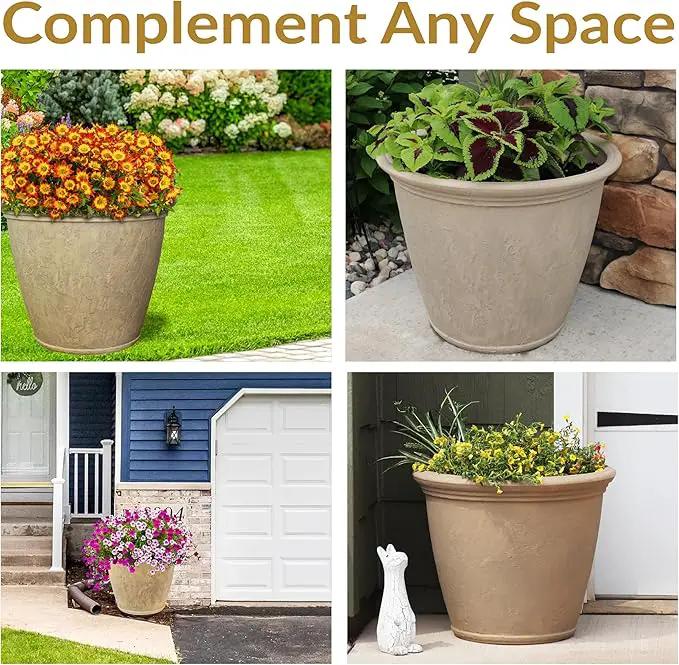 Sunnydaze 24-Inch Anjelica Large Plastic Pot for Plants - Outdoor Polyresin Round Planter with Drillable Drainage Holes - Beige - 4pk by GreenHaven Gardens
