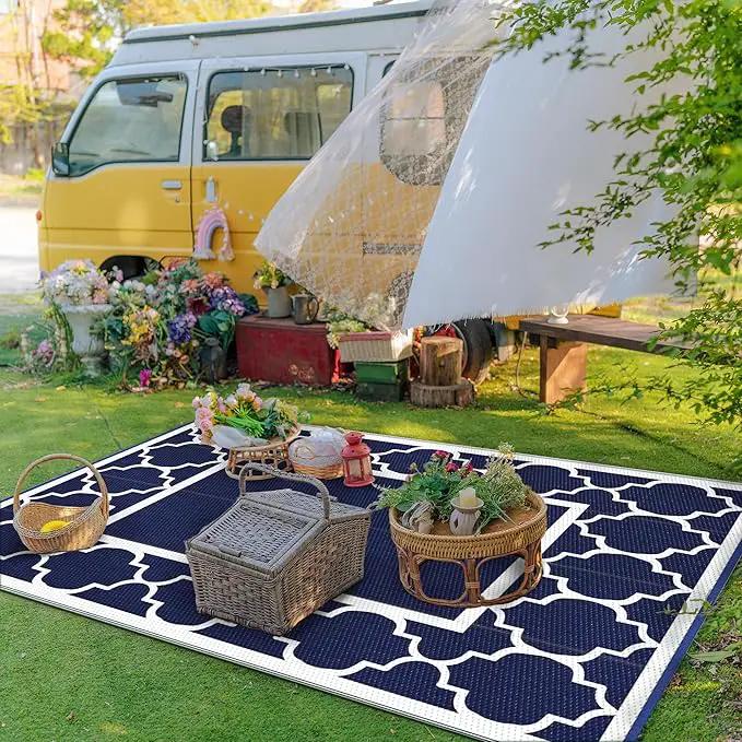 GENIMO 6' x 9' Outdoor Rug Waterproof for Patio Decor, Foldable Reversible Plastic Straw Area Rugs Mat for Camper, Outside Carpet for Rv, Deck, Porch, Picnic, Beach, Balcony, Blue & Grey by GreenHaven Gardens