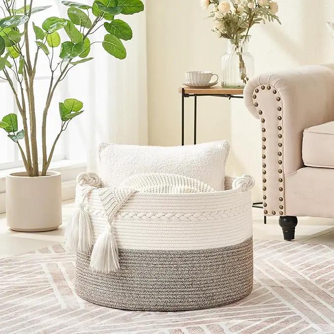 KAKAMAY Large Blanket Basket (20"x13"),Woven Baskets for storage Baby Laundry Hamper, Cotton Rope Blanket Basket for Living Room, Laundry, Nursery, Pillows, Baby Toy chest (White/Beige) by GreenHaven Gardens
