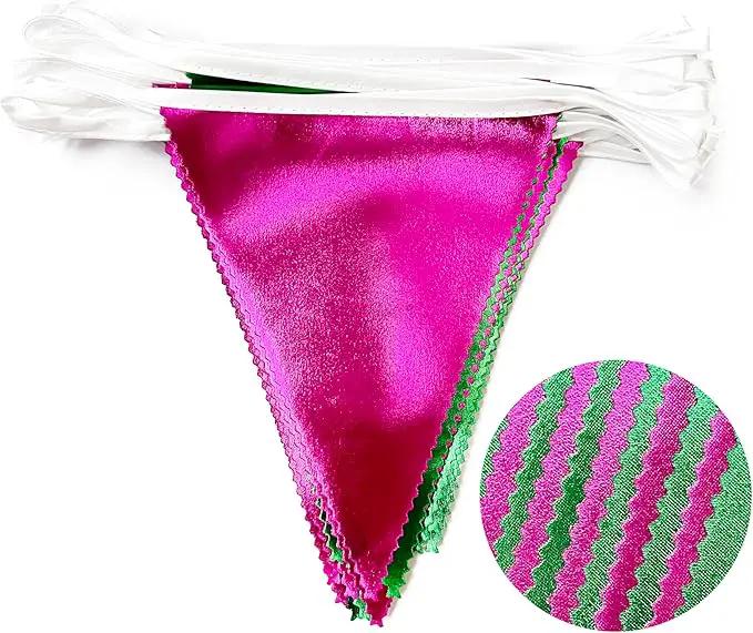 Pink and Green Party Decorations Metallic Hot Pink Light Green Fabric Triangle Pennant Banner Flag Bunting Garland for Witches Theme Birthday Wedding Baby Shower Engagement Bachelorette Party Supplies by GreenHaven Gardens