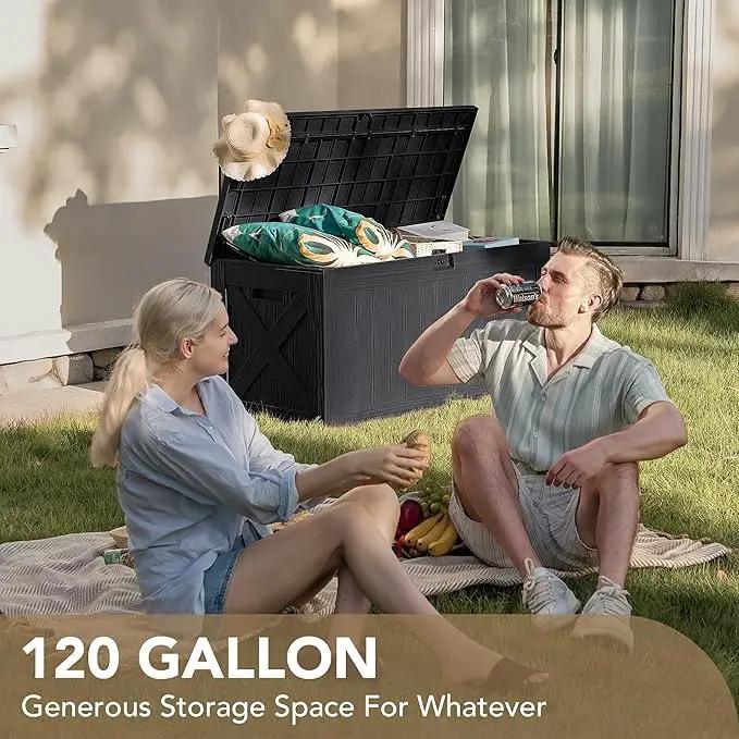 Devoko 120 Gallon Deck Box Resin Outdoor Storage Box Waterproof for Patio, Large Outdoor Storage Bench Lockable for Outside (Black) by GreenHaven Gardens