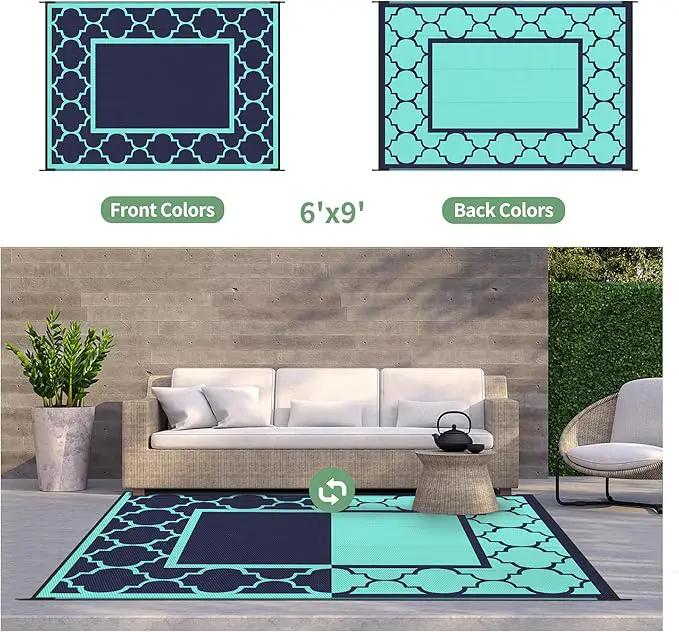 GENIMO 6' x 9' Outdoor Rug Waterproof for Patio Decor, Foldable Reversible Plastic Straw Area Rugs Mat for Camper, Outside Carpet for Rv, Deck, Porch, Picnic, Beach, Balcony, Navy Blue & Jade Green by GreenHaven Gardens